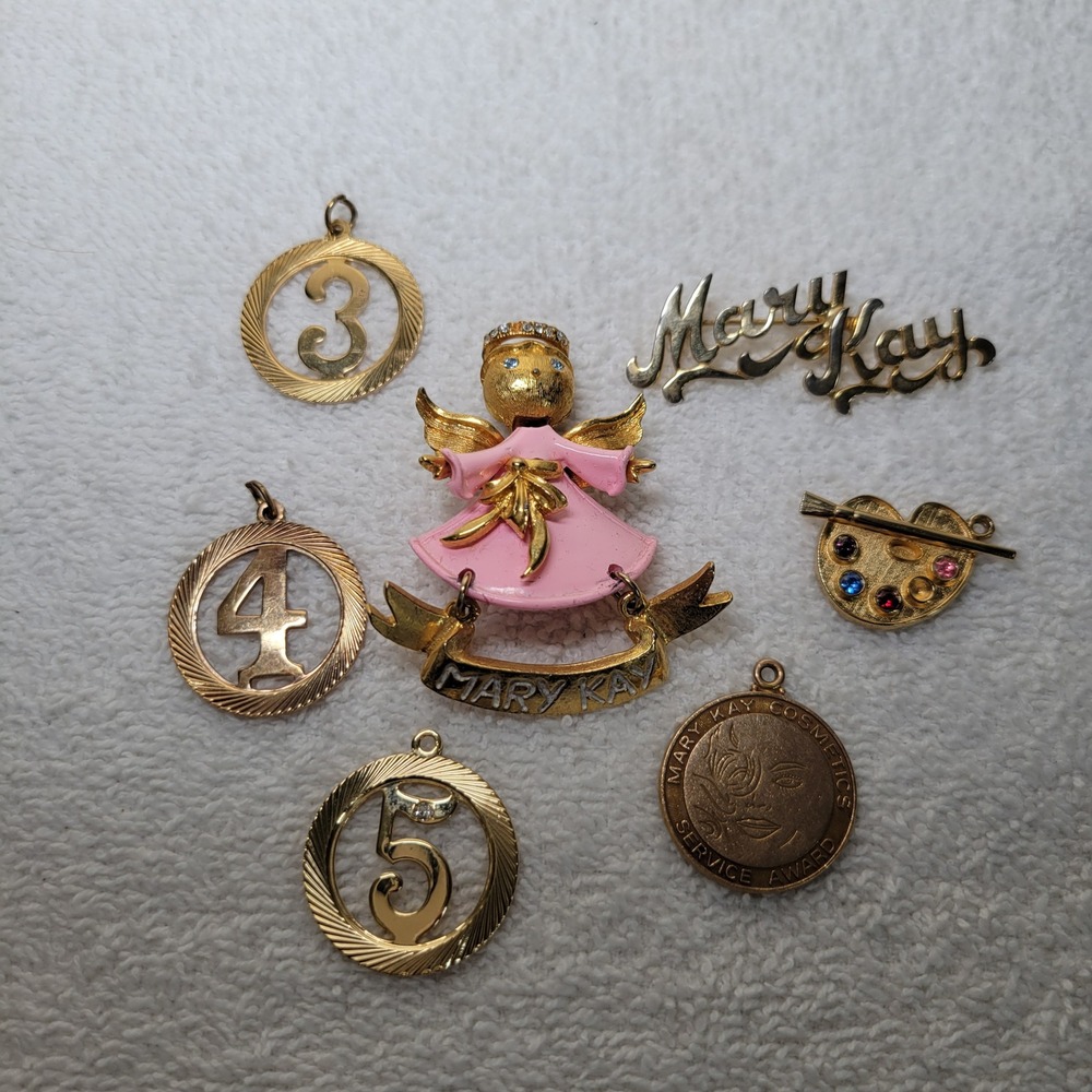 Vintage Mary Kay Jewelry Lot 7pc Angel Pin Service Award Charms Gold Tone